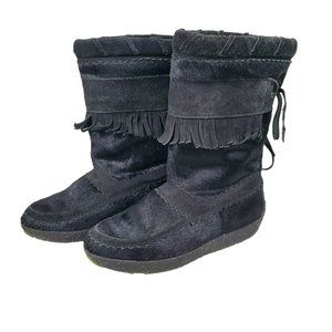 Tecnica Womens Pony Hair Boots Size 36 5.5 Suede Fringe Black Sherpa lined Italy